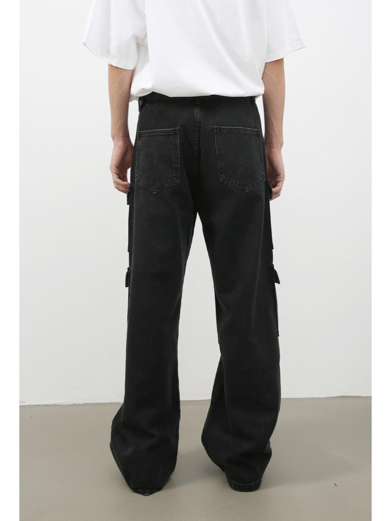 Men's Vintage Washed Denim Jeans - American Retro Multi-Pocket Straight-Leg Work Pants with Beltless Drawstring Waist, Heavy-Duty Cargo Pocket & Washed