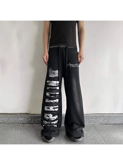 American Street Lace-Up Casual Pants | Men'S Y2K Retro Harajuku Straight-Leg High-Waisted Hip-Hop Sweatpants with Pockets, Non-Stretch Fabric