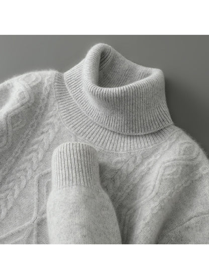 Mens 100% Velvet High Neck Jacquard Sweater | Thickened Vintage Knit Top Thermal Comfort Relaxed