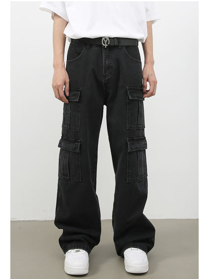 Men's Vintage Washed Denim Jeans - American Retro Multi-Pocket Straight-Leg Work Pants with Beltless Drawstring Waist, Heavy-Duty Cargo Pocket & Washed