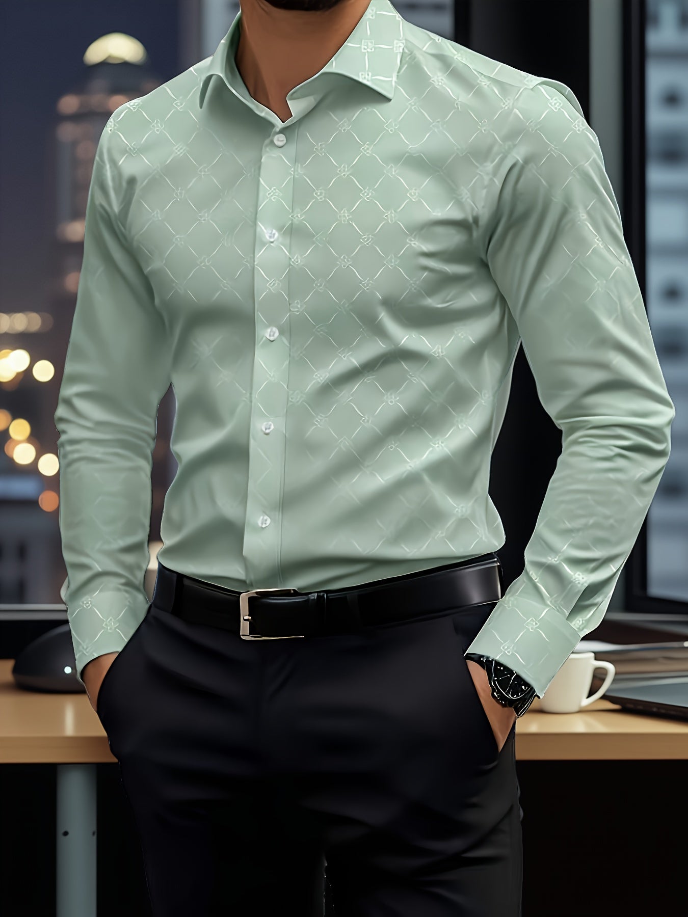 Long Sleeve Solid Color Business Formal Dress Shirt, Green Menswear Designer Luxury