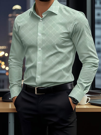 Long Sleeve Solid Color Business Formal Dress Shirt, Green Menswear Designer Luxury