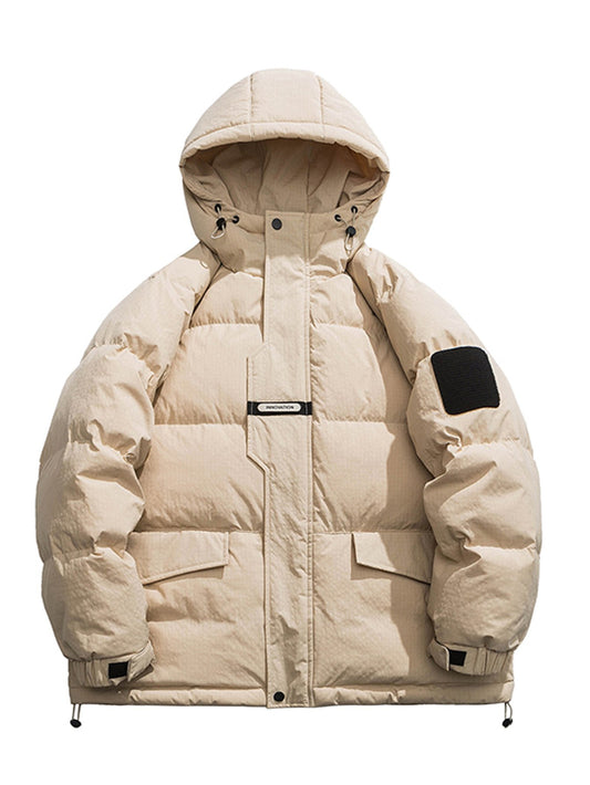 Winter Thickened Duck Down Jacket - Hooded Insulated Coat with Plaid Pattern, Loose Fit & Full-Zip Closure, Long Sleeve Casual Outerwear for Cold Weather | High Quality, Pockets