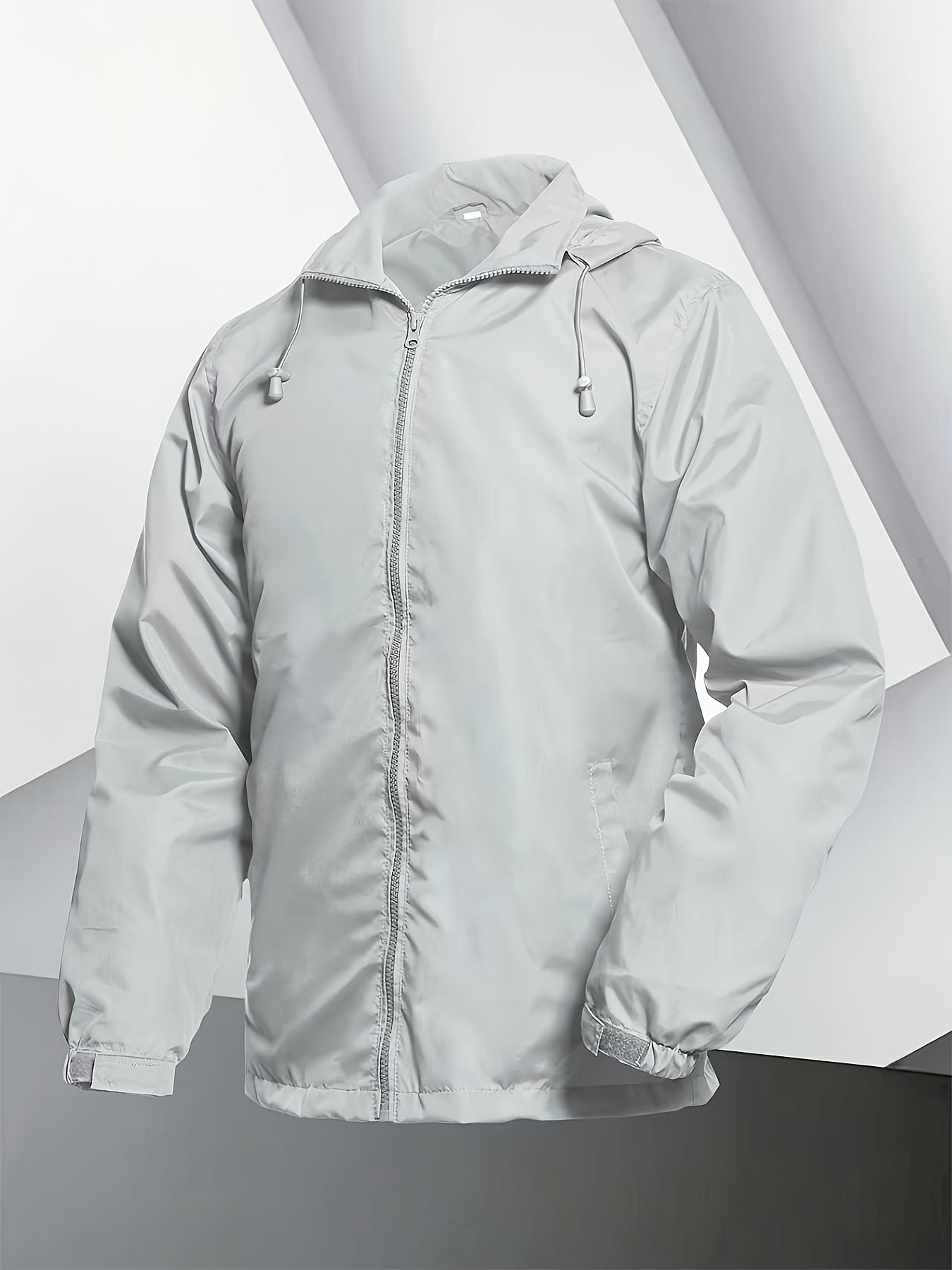 Men's Lightweight Windproof Full-Zip Jacket with Adjustable Hooded Raincoat, Durable Non-Stretch Windbreaker Coat