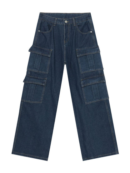 Men's Vintage Washed Denim Jeans - American Retro Multi-Pocket Straight-Leg Work Pants with Beltless Drawstring Waist, Heavy-Duty Cargo Pocket & Washed