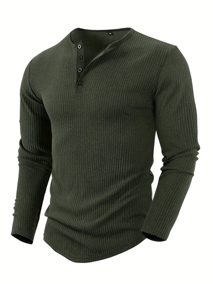 Men'S Solid Color Vertical Striped Stylish Henley Shirt with Four Buttons, Breathable, Comfortable, And Versatile
