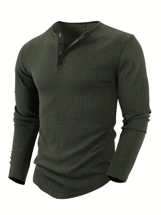 Men'S Solid Color Vertical Striped Stylish Henley Shirt with Four Buttons, Breathable, Comfortable, And Versatile