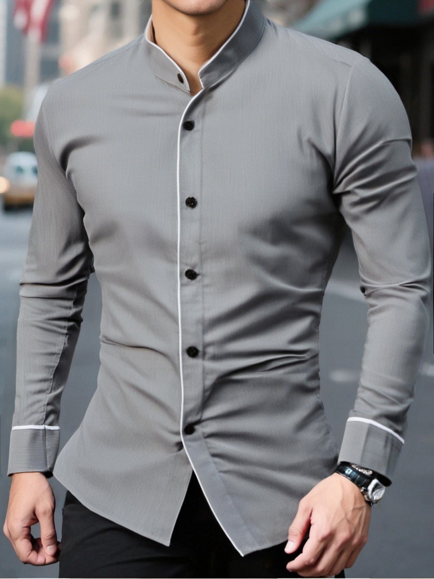 Precise Stand Collar Men'S Dress Shirt | No Wrinkle, Button Up, Fashionable Casual Attire, Comfortable, Regular Fit, Solid Color, Long Sleeve