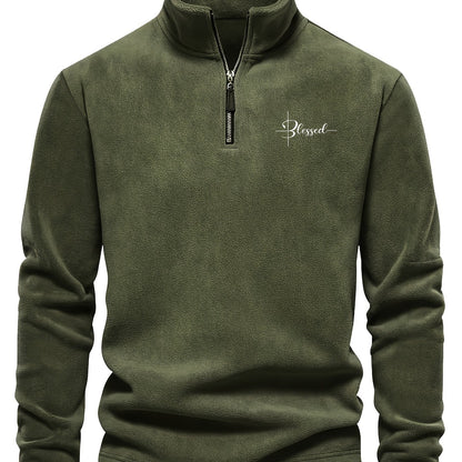 Warm Long Sleeve Men's Embroidered Fleece Pullover - Stylish Half-Zip Stand Collar Sweatshirt for Fall\Winter