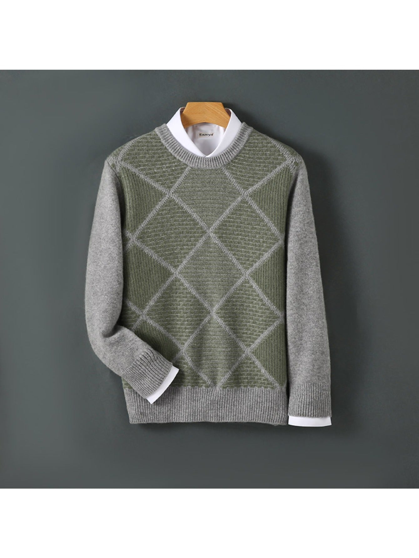 Mens 100% Velvet Diamond Color Block Sweater | Crewneck, Loose Fit, Long Sleeve, Thermal Comfort