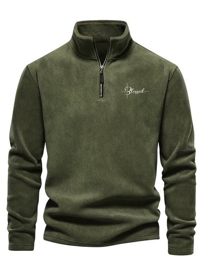 Warm Long Sleeve Men's Embroidered Fleece Pullover - Stylish Half-Zip Stand Collar Sweatshirt for Fall\Winter