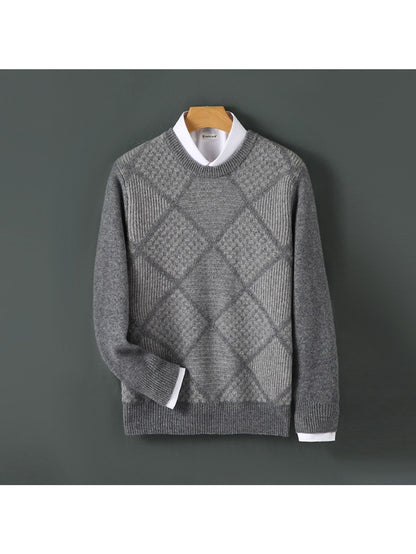 Mens 100% Velvet Diamond Color Block Sweater | Crewneck, Loose Fit, Long Sleeve, Thermal Comfort