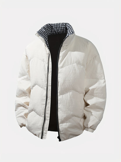 Men's Wool Outer & Duck Down-Filled Winter Jacket - Full-Length Cold-Weather Coat with Stand Collar, Zipper Front, Pockets