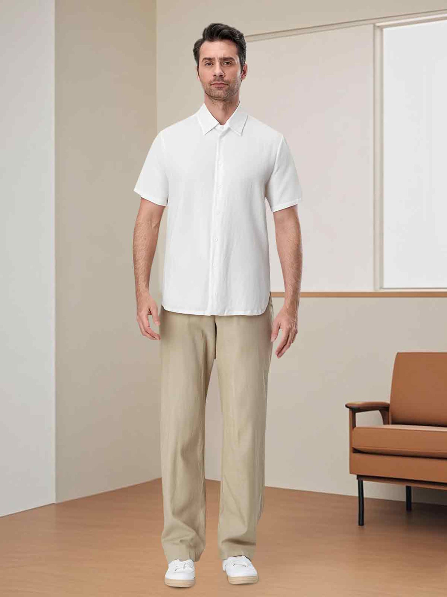 Men's Straight Leg Cotton Blend Casual Pants with Pockets - Solid Beige Color, Comfortable Travel & Streetwear Trousers