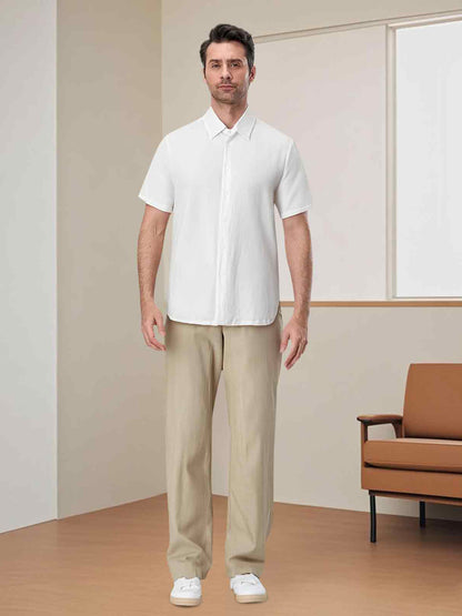 Men's Straight Leg Cotton Blend Casual Pants with Pockets - Solid Beige Color, Comfortable Travel & Streetwear Trousers