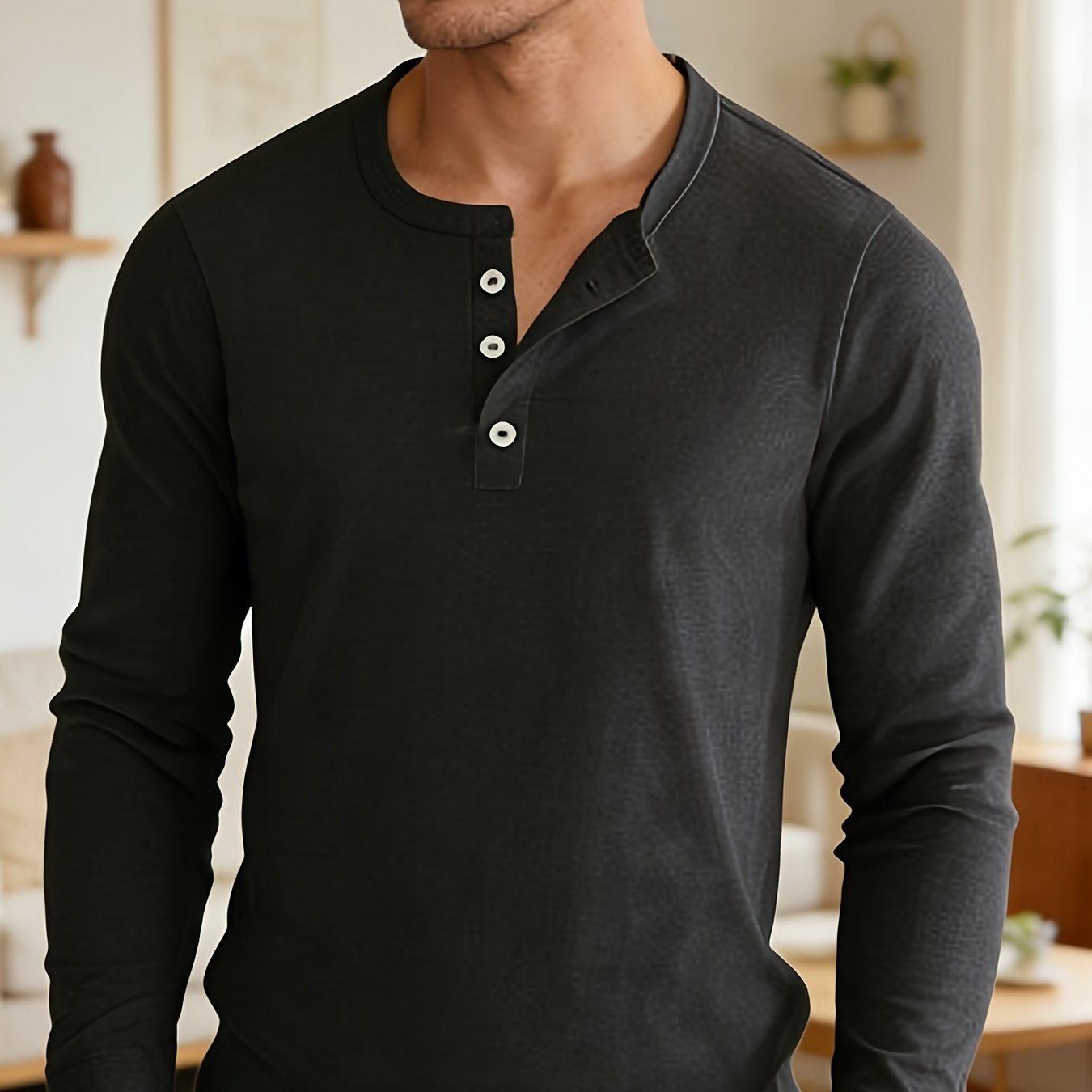 Men'S Black Vintage Henley Top - Solid Long Sleeves, Thermal Undergarment, Loungewear, Sleepwear, Single-Breasted Button Placket, Classic Cut, Soft, Comfy, Breathable Material