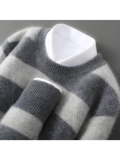 New Autumn And Winter Color-Blocked Thick Round-Neck Pullover Sweater for Men, Featuring a Relaxed Fit And Knitted Design