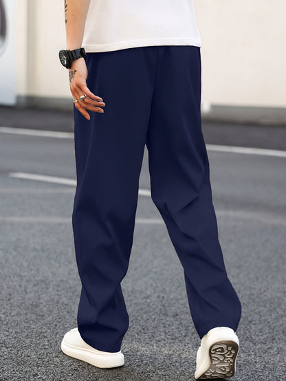 Men's Straight-Leg Casual Pants with Adjustable Drawstring Waist - Solid Color Trousers, Regular Length (Full Length) for Spring\Fall Outdoor Wear, Office & Everyday Use