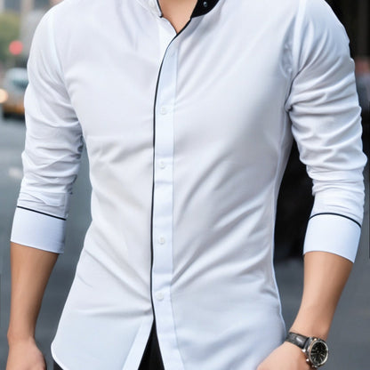 Precise Stand Collar Men'S Dress Shirt | No Wrinkle, Button Up, Fashionable Casual Attire, Comfortable, Regular Fit, Solid Color, Long Sleeve