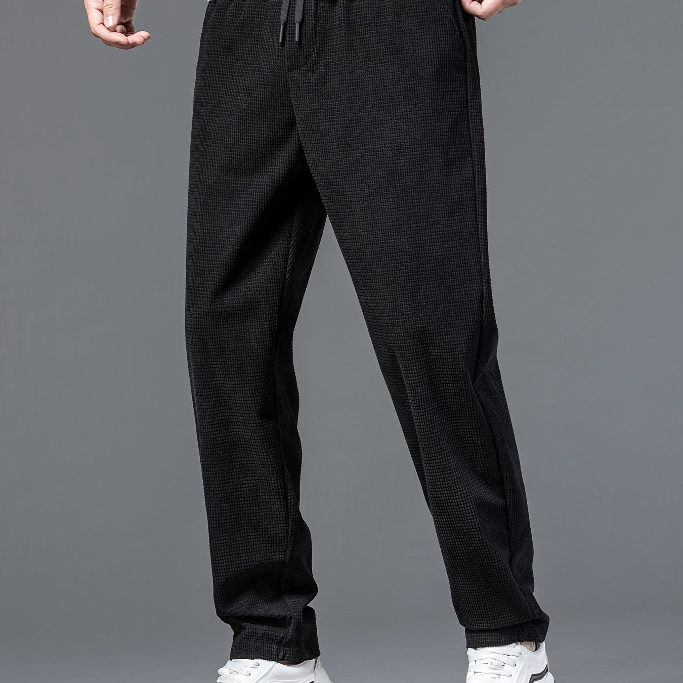 New High-End Black Waffle Men's Trendy Loose Straight-Leg Casual Pants