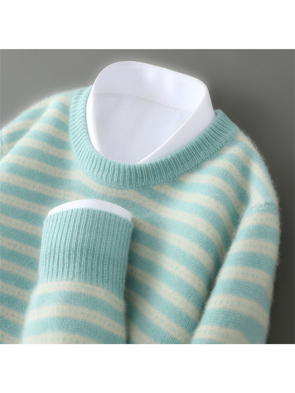 Winter Men'S Round Neck Color-Blocked Thick Knitted Sweater, Loose And Stylish, 100% Knitted Base Layer.