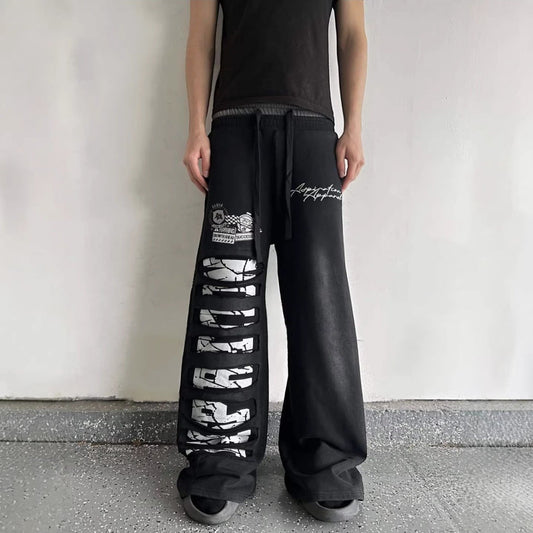 American Street Lace-Up Casual Pants | Men'S Y2K Retro Harajuku Straight-Leg High-Waisted Hip-Hop Sweatpants with Pockets, Non-Stretch Fabric