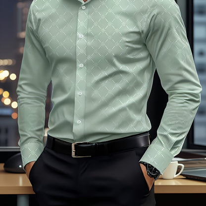 Long Sleeve Solid Color Business Formal Dress Shirt, Green Menswear Designer Luxury