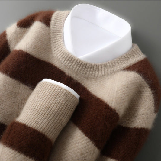 New Autumn And Winter Color-Blocked Thick Round-Neck Pullover Sweater for Men, Featuring a Relaxed Fit And Knitted Design