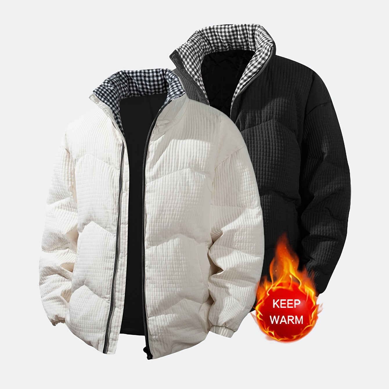 Men's Wool Outer & Duck Down-Filled Winter Jacket - Full-Length Cold-Weather Coat with Stand Collar, Zipper Front, Pockets