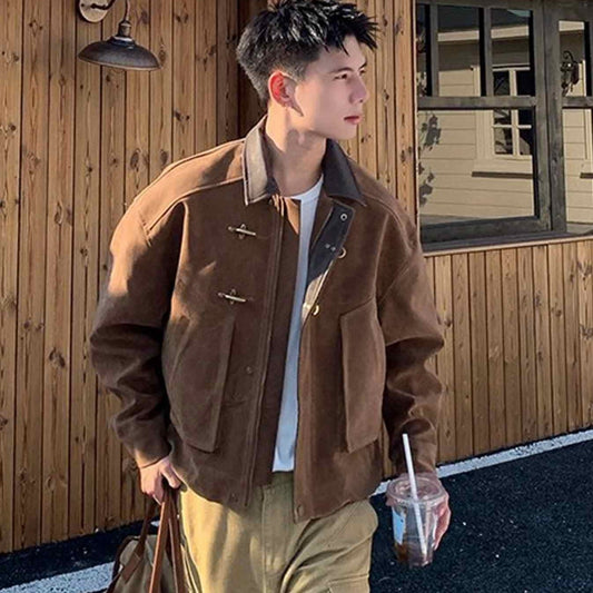 American Style Retro Cool Short Jacket for Men, Autumn and Winter Design with High-end Feel and Turn- Collar Short Coat