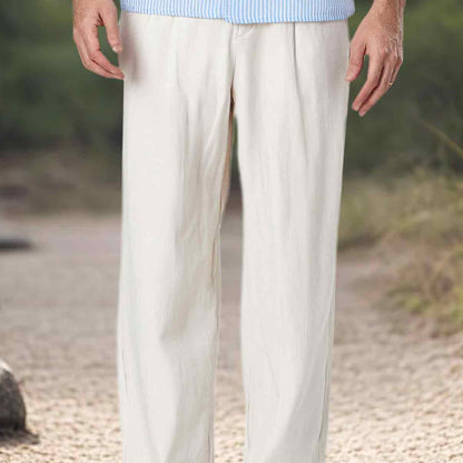 Men's Straight Leg Cotton Blend Casual Pants with Pockets - Solid Beige Color, Comfortable Travel & Streetwear Trousers
