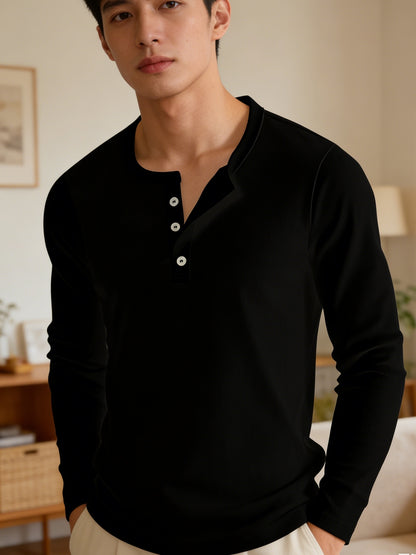 Men'S Black Vintage Henley Top - Solid Long Sleeves, Thermal Undergarment, Loungewear, Sleepwear, Single-Breasted Button Placket, Classic Cut, Soft, Comfy, Breathable Material