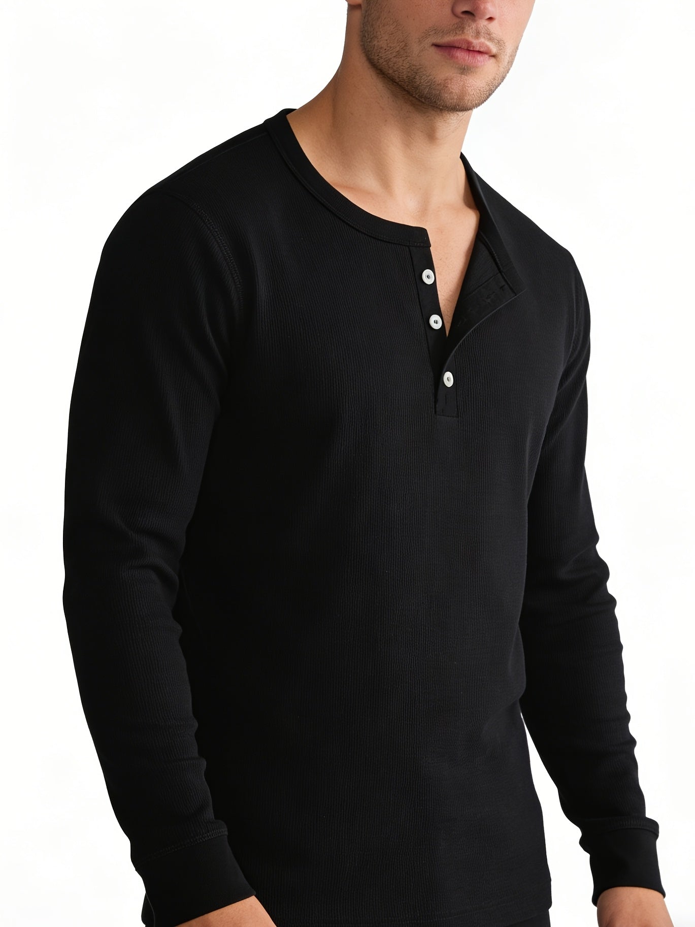Men'S Black Vintage Henley Top - Solid Long Sleeves, Thermal Undergarment, Loungewear, Sleepwear, Single-Breasted Button Placket, Classic Cut, Soft, Comfy, Breathable Material