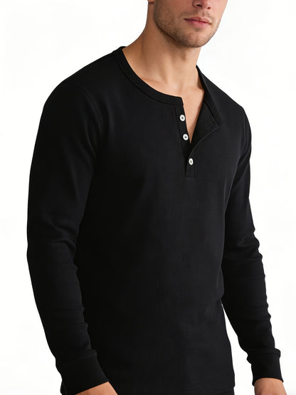 Men'S Black Vintage Henley Top - Solid Long Sleeves, Thermal Undergarment, Loungewear, Sleepwear, Single-Breasted Button Placket, Classic Cut, Soft, Comfy, Breathable Material