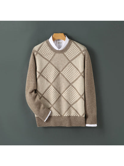 Mens 100% Velvet Diamond Color Block Sweater | Crewneck, Loose Fit, Long Sleeve, Thermal Comfort